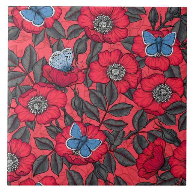 Dog rose and butterflies in red and blue tile (Front)