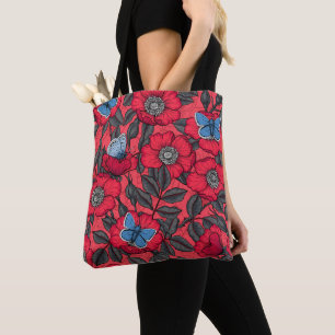 Dog rose and butterflies in red and blue tote bag
