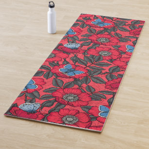 Dog rose and butterflies in red and blue yoga mat