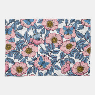 Dog rose and butterflies kitchen towel