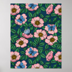 Dog rose and butterflies poster