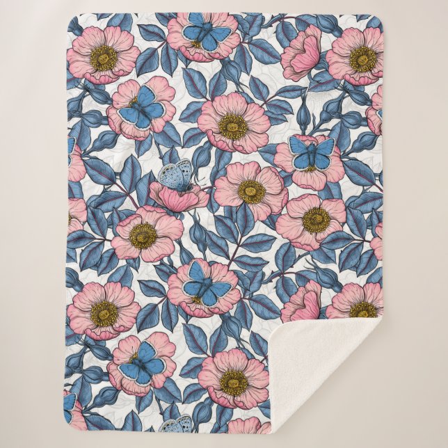 Dog rose and butterflies sherpa blanket (Front)
