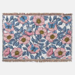 Dog rose and butterflies throw blanket