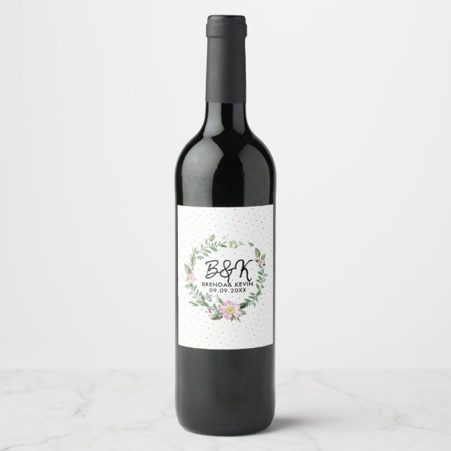 Dog Rose Floral Wreath Wine Label (Front)