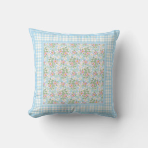 Dog Rose Flowers and Blue Checks Cushion or Pillow