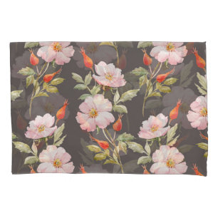 Dog Rose Watercolor: Dark Floral Pattern Pillowcase