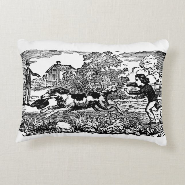 Dog running antique pet art victorian illustration decorative pillow (Back)