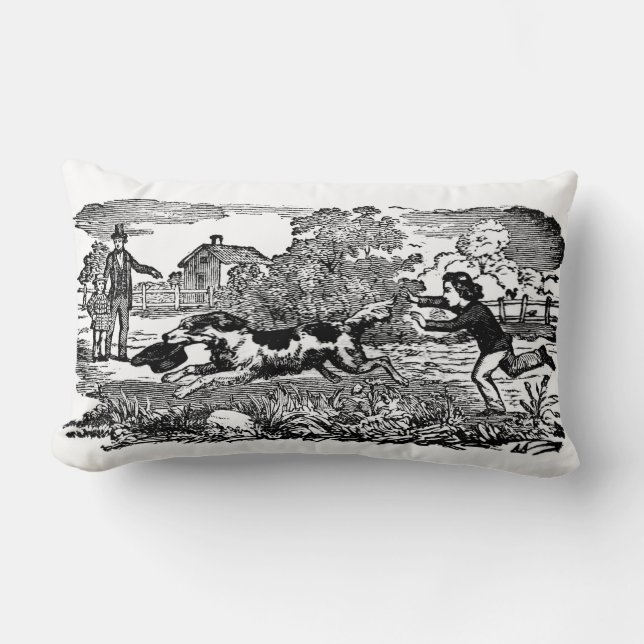 Dog running antique pet art victorian illustration lumbar pillow (Front)