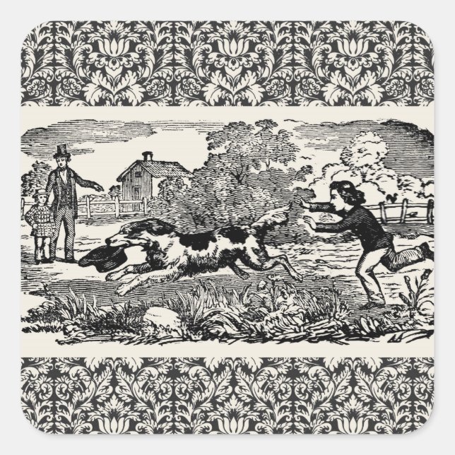 Dog running antique pet art victorian illustration square sticker (Front)