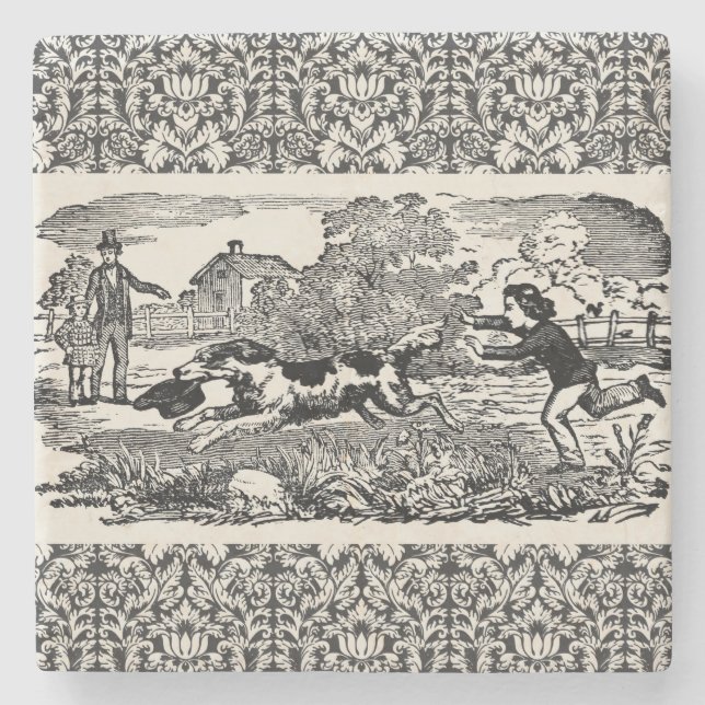 Dog running antique pet art victorian illustration stone coaster (Front)
