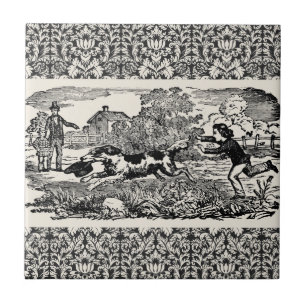 Dog running antique pet art victorian illustration tile