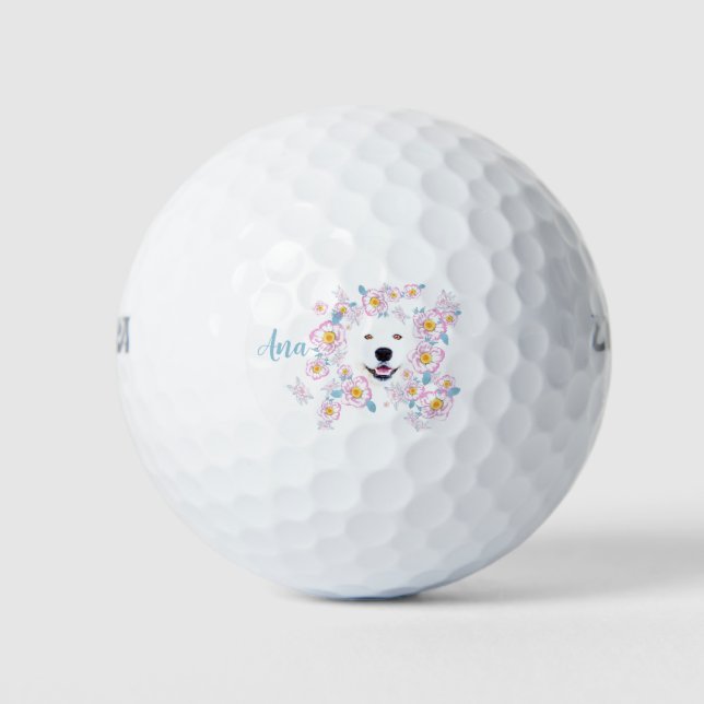 Dog Samoyed and pink flowers customized Golf Balls (Front)