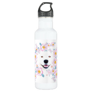 Dog Samoyed and pink flowers, customized name 710 Ml Water Bottle