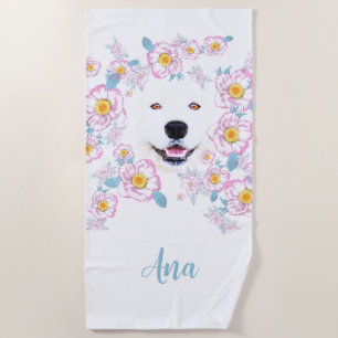 Dog Samoyed and pink flowers, customized name Beach Towel