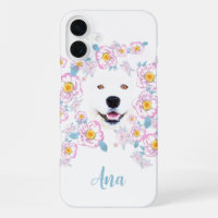 Dog Samoyed and pink flowers, customized name