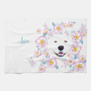 Dog Samoyed and pink flowers, customized name Kitchen Towel