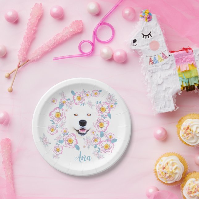 Dog Samoyed and pink flowers, customized name Paper Plate (Party)