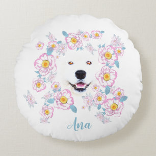 Dog Samoyed and pink flowers, customized name Round Pillow