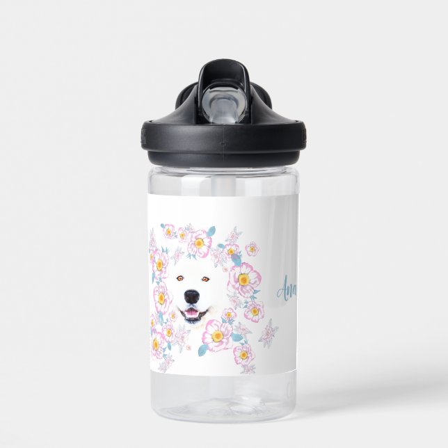 Dog Samoyed and pink flowers, customized name Water Bottle (Front)
