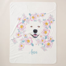Dog Samoyed and pink flowers 