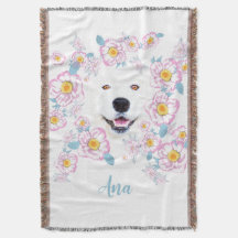 Dog Samoyed and pink flowers 