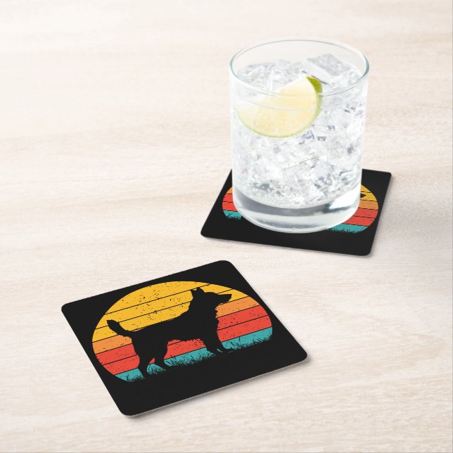 Dog Silhouette at Sunset Square Paper Coaster (Insitu)