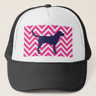 Dog Silhouette in Blue on Pink Chevron Pattern Trucker Hat
