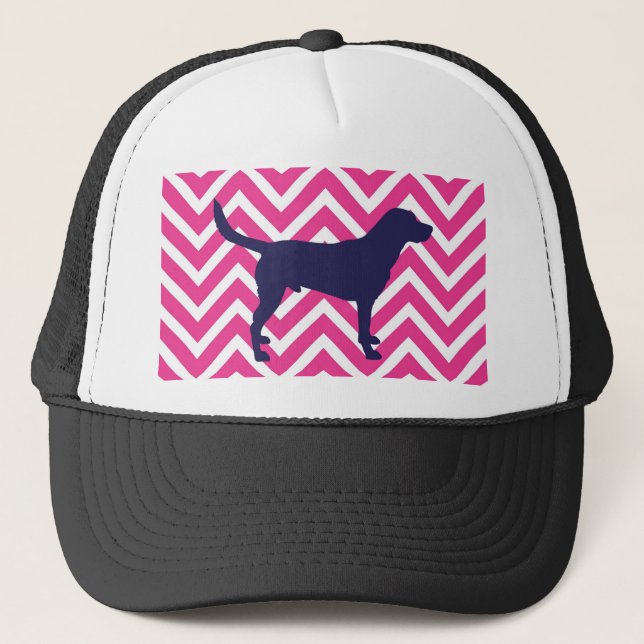 Dog Silhouette in Blue on Pink Chevron Pattern Trucker Hat (Front)