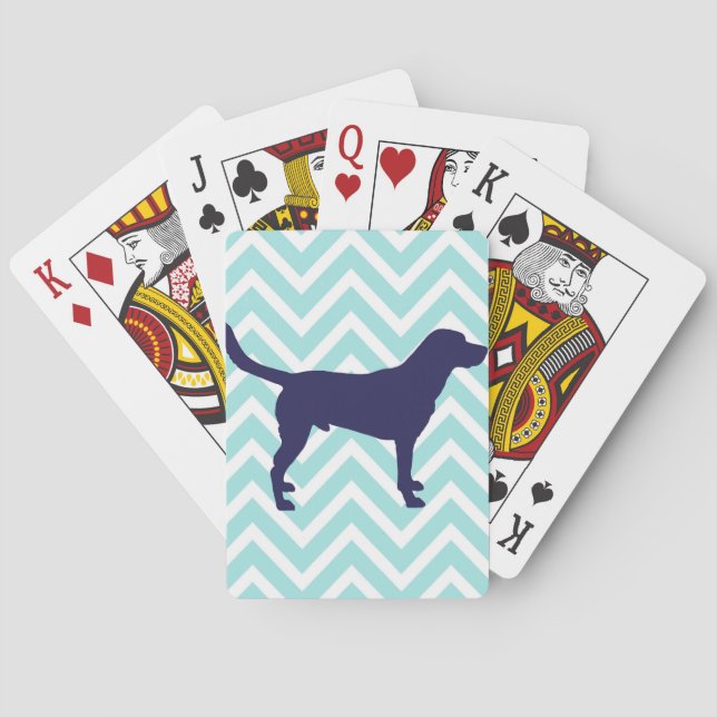 Dog Silhouette in Dark Blue on Chevron Pattern Playing Cards (Back)