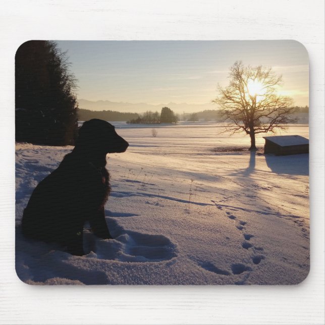 Dog Silhouette in Snowy Landscape Mouse Pad (Front)