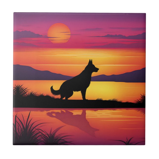 Dog Silhouette on Sunset Tile (Front)