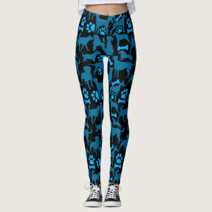 Dog silhouette Pattern.Blue.04 Black BG Leggings