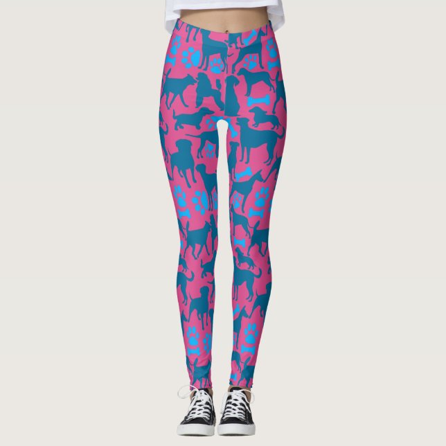 Dog silhouette Pattern.Blue.04 Dpink BG Leggings (Front)