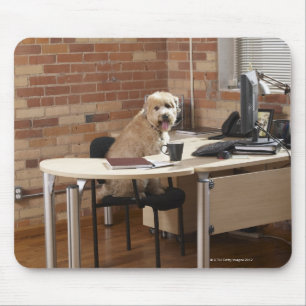 Dog Sitting at Desk Mouse Pad
