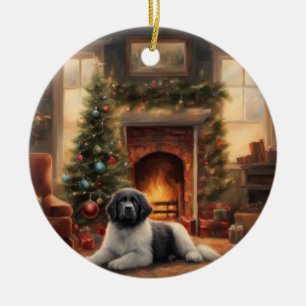 Dog Sitting In Front Of A Christmas Tree Ceramic Ornament