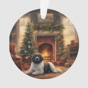 Dog Sitting In Front Of A Christmas Tree Ornament
