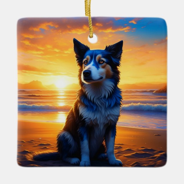 Dog sitting on Ocean Beach at Sunset Ceramic Ornament (Front)