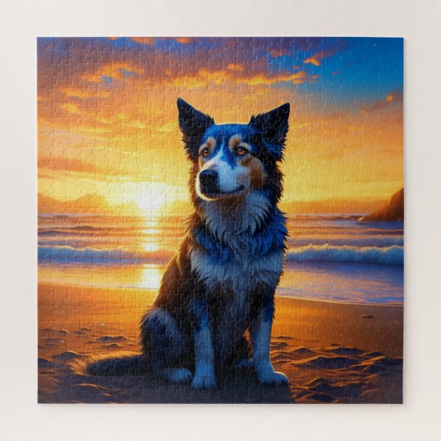 Dog sitting on Ocean Beach at Sunset Jigsaw Puzzle (Vertical)