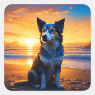 Dog sitting on Ocean Beach at Sunset Square Sticker