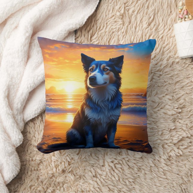 Dog sitting on Ocean Beach at Sunset Throw Pillow (Blanket)