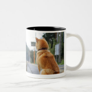 Dog sitting on train station Two-Tone coffee mug
