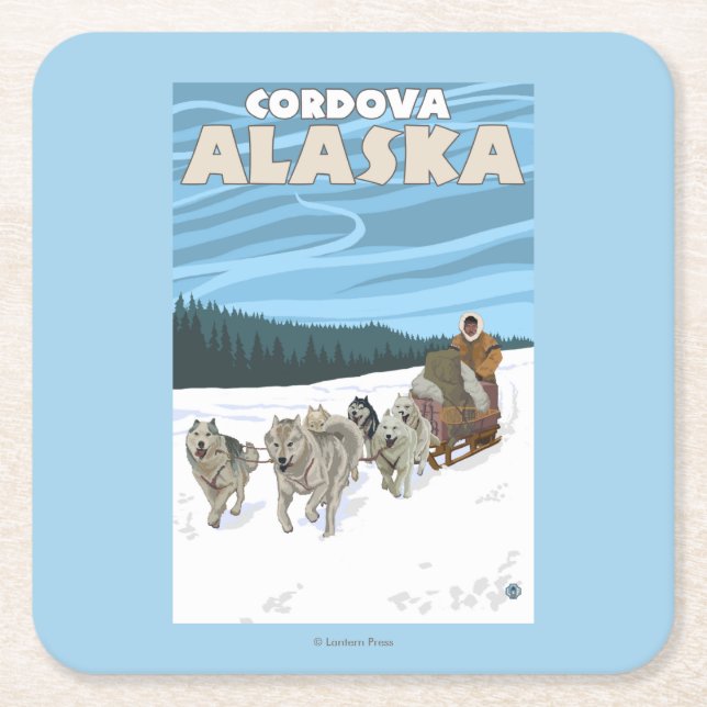 Dog Sledding Scene - Cordova, Alaska Square Paper Coaster (Front)