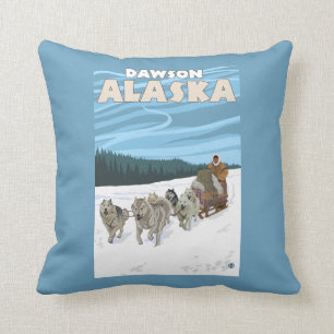 Dog Sledding Scene - Dawson, Alaska Throw Pillow