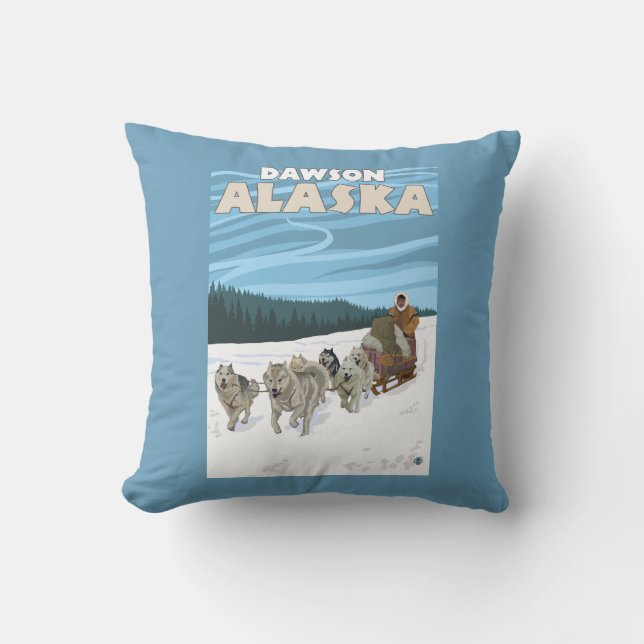 Dog Sledding Scene - Dawson, Alaska Throw Pillow (Front)