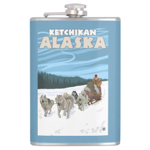 Dog Sledding Scene - Ketchikan, Alaska Hip Flask