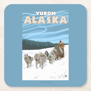 Dog Sledding Scene - Yukon, Alaska Square Paper Coaster