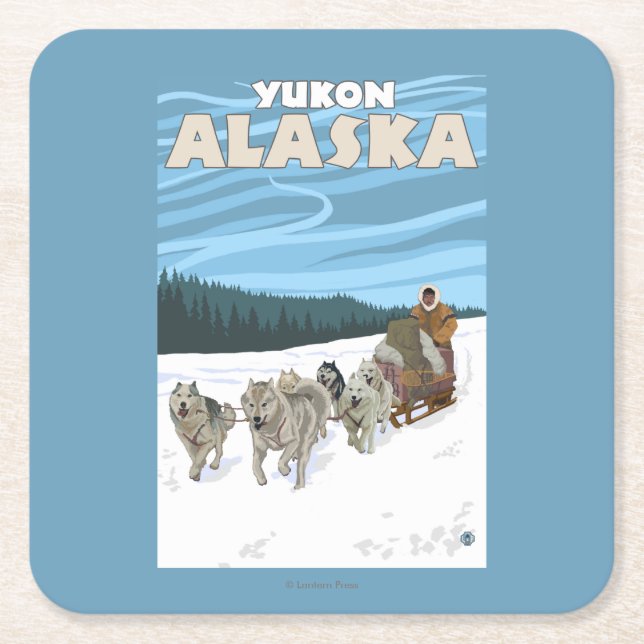 Dog Sledding Scene - Yukon, Alaska Square Paper Coaster (Front)