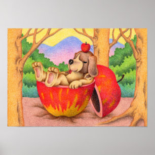 Dog sleeping in an apple bed poster