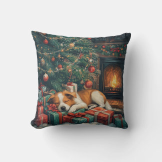 Dog sleeping peacefully under a Christmas tree Throw Pillow