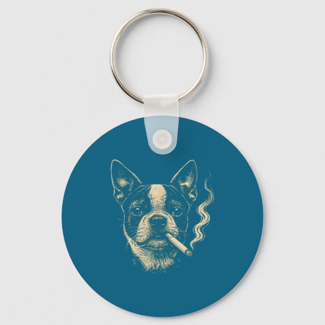 Dog Smoking Cigarette Funny Boston Design Keychain (Front)